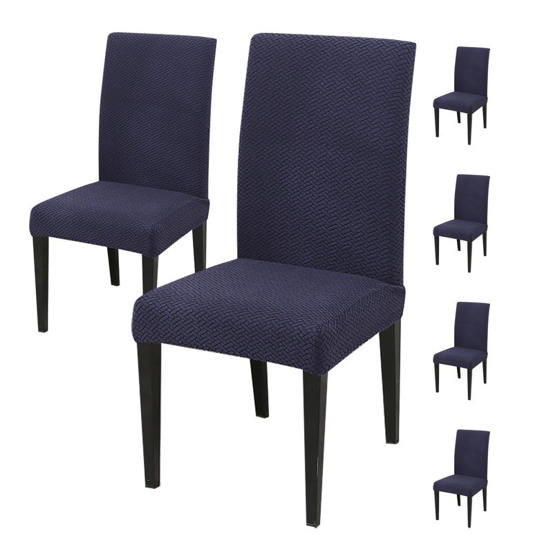House of Quirk Elastic Jacquard Chair Cover Stretch Removable Washable Short Dining Chair Cover Protector Seat Slipcover (Pack of 6, Navy Blue) - Image 1