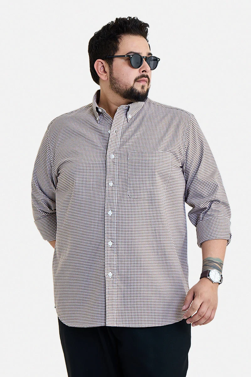 سنيتش Brown Checkered Long Sleeve Regular Fit Casual Plus Size Shirt