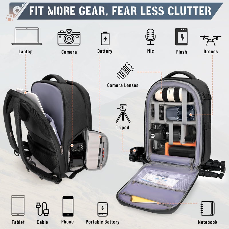 RAINSMORE Camera Backpack Hard Shell for DSLR/SLR Waterproof Camera Bag with Laptop Compartment 15.6 Inch Professional Camera Case with Rain Cover Photography Backpack Bag with Camera Lens Case Black - Image 2