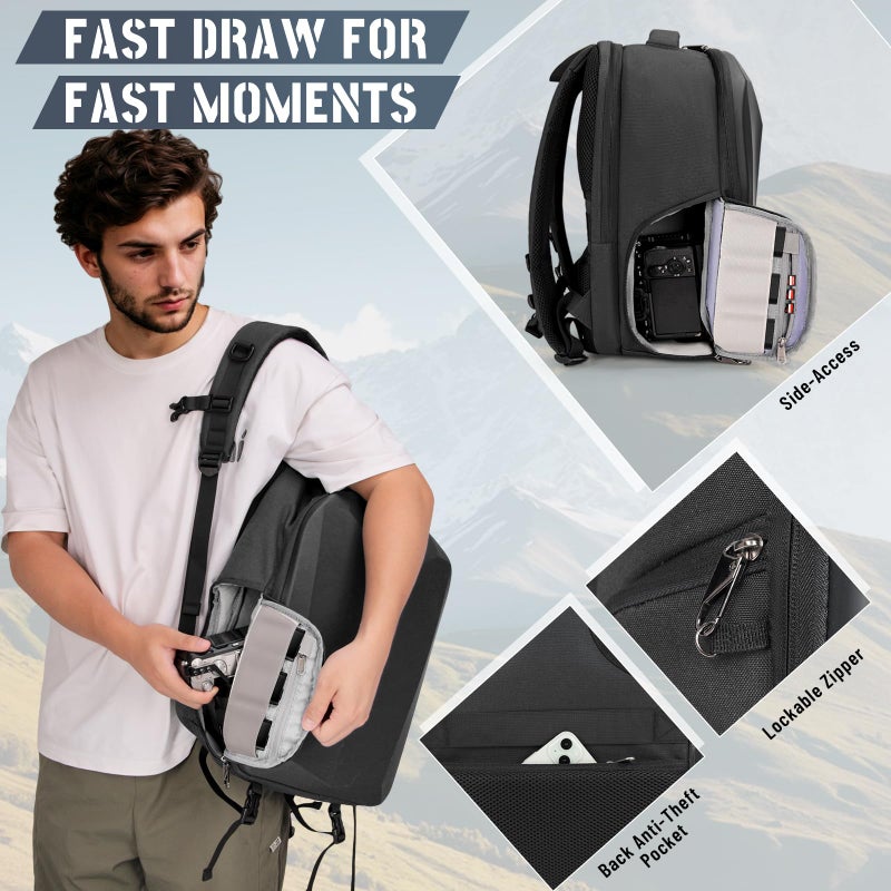 RAINSMORE Camera Backpack Hard Shell for DSLR/SLR Waterproof Camera Bag with Laptop Compartment 15.6 Inch Professional Camera Case with Rain Cover Photography Backpack Bag with Camera Lens Case Black - Image 3