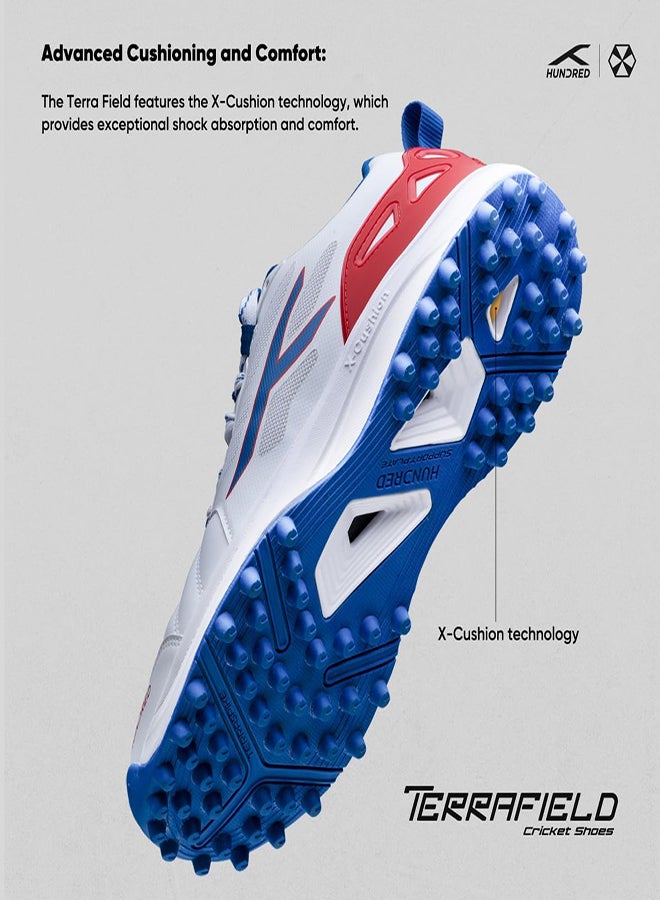 هندرد حذاء كريكت TerraField | مسامير مطاطية TerraSpike | لوح دعم مدمج للثبات | خفيف ومتين | مثالي للعشب والأرضيات الصلبة (أبيض/أزرق/أحمر؛ مقاس 9 بريطاني) - Image 3