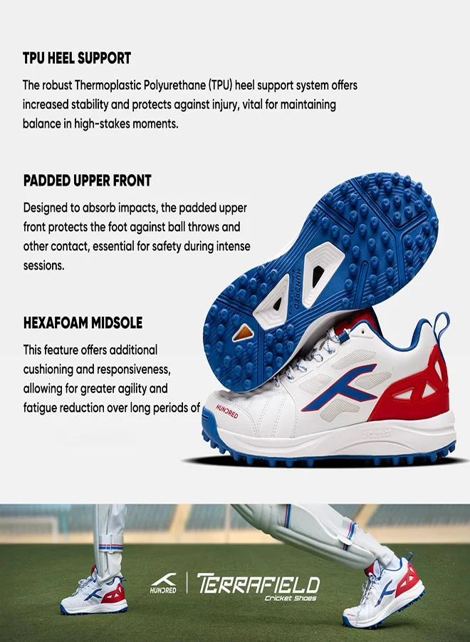 HUNDRED Hundred TerraField Cricket Shoes | TerraSpike Rubber Studs | Embedded Support Plate for Stability | Lightweight & Durable | Ideal for Turf, Ground & Hard Surfaces (White/Blue/Red ; UK 9)
