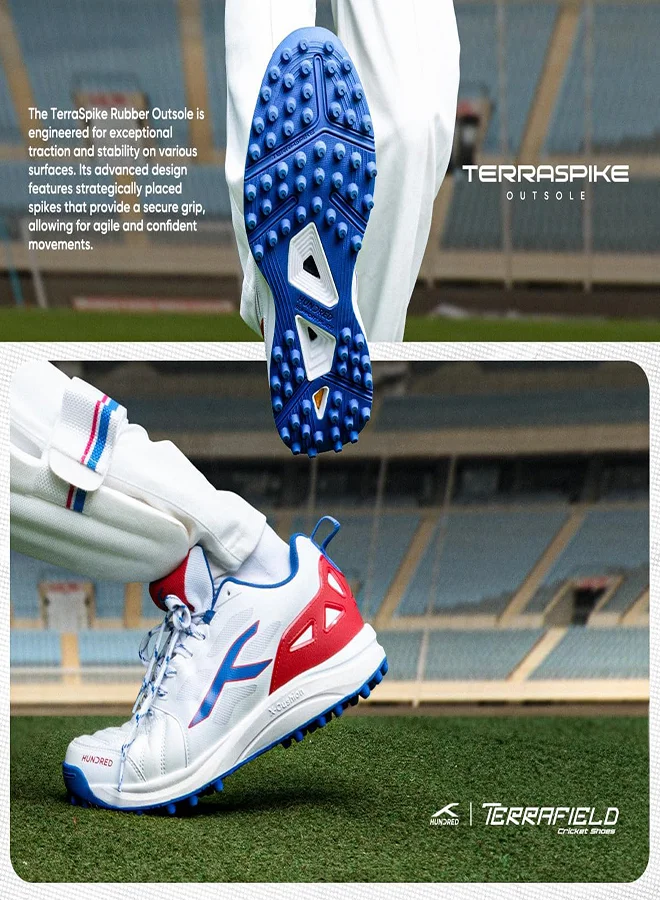 HUNDRED Hundred TerraField Cricket Shoes | TerraSpike Rubber Studs | Embedded Support Plate for Stability | Lightweight & Durable | Ideal for Turf, Ground & Hard Surfaces (White/Blue/Red ; UK 9)