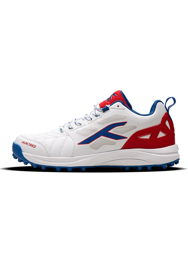HUNDRED Hundred TerraField Cricket Shoes | TerraSpike Rubber Studs | Embedded Support Plate for Stability | Lightweight & Durable | Ideal for Turf, Ground & Hard Surfaces (White/Blue/Red ; UK 9)