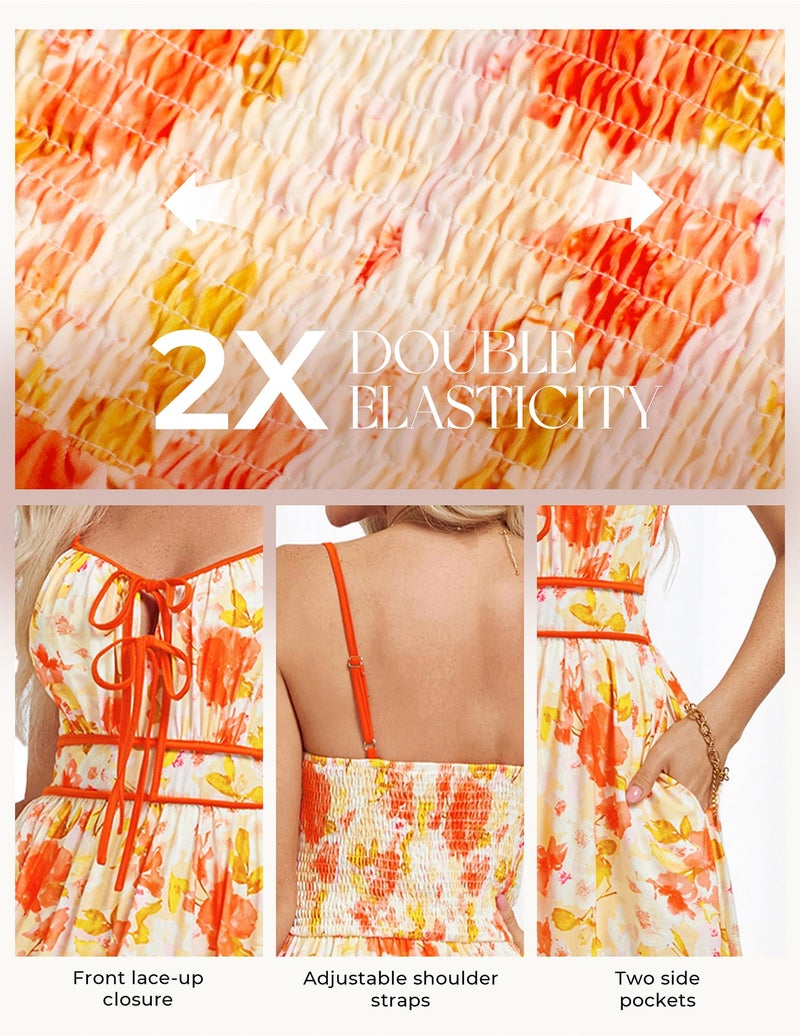 GRACE KARIN 2026 Women's Summer Maxi Floral Dress, Spaghetti Strap Tie Front Boho Sundress with Pockets, Yellow XL - Image 3