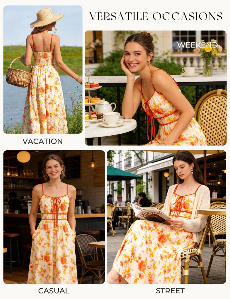 GRACE KARIN 2026 Women's Summer Maxi Floral Dress, Spaghetti Strap Tie Front Boho Sundress with Pockets, Yellow XL - Image 4