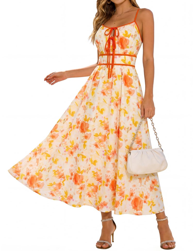 GRACE KARIN 2026 Women's Summer Maxi Floral Dress, Spaghetti Strap Tie Front Boho Sundress with Pockets, Yellow XL - Image 1