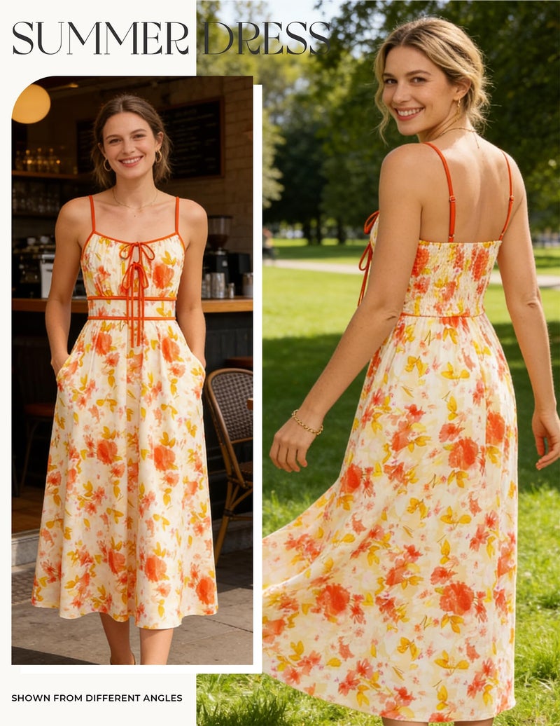 GRACE KARIN 2026 Women's Summer Maxi Floral Dress, Spaghetti Strap Tie Front Boho Sundress with Pockets, Yellow XL - Image 2