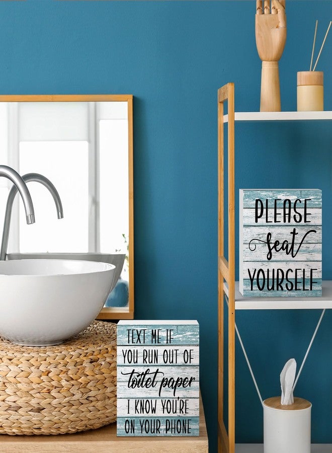 جيتك لوحة خشبية ديكور حمام ريفي من قطعتين من Jetec، لوحة جدارية مضحكة للحمام، لوحة خشبية ريفية للحمام، من فضلك اجلس بنفسك، ديكور حمام منزلي (أزرق) - Image 2