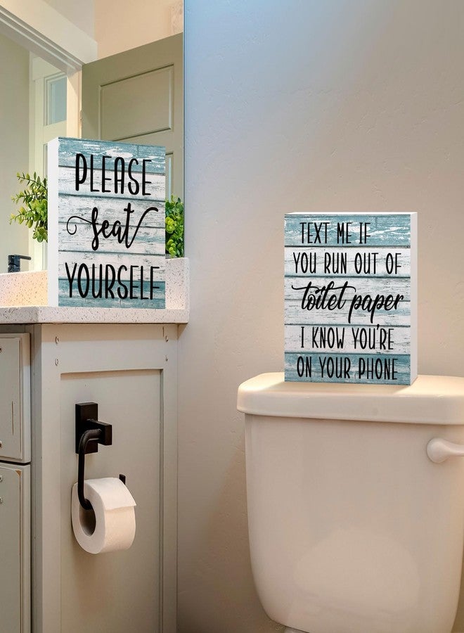 جيتك لوحة خشبية ديكور حمام ريفي من قطعتين من Jetec، لوحة جدارية مضحكة للحمام، لوحة خشبية ريفية للحمام، من فضلك اجلس بنفسك، ديكور حمام منزلي (أزرق) - Image 4