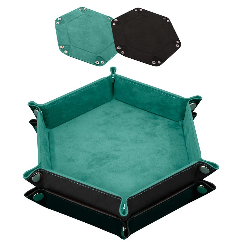 SIQUK 2 Pieces Dice Tray PU Leather Dice Trays Folding Hexagon Dice Holder Tray for Dice Games Like RPG DND and Other Table Games Cyan and Black