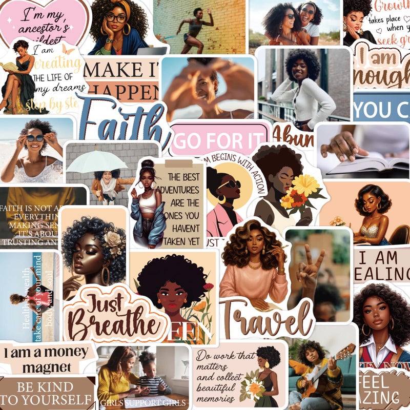 Aposwow Black Women Stickers for Women - 100 Pcs Black Women Water Bottle Stickers for Vision Board, Motivational Waterproof Scrapbook Decals, Inspirational Vinyl Sticker for Laptop Journaling - Image 1