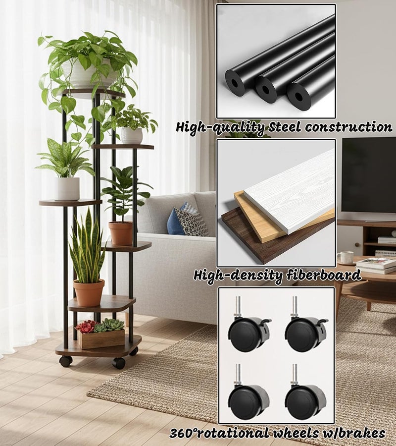 AoMige 6 Tier Corner Plant Stand with Mobile Wheels,Tall 138cm Metal Plant Shelf for Multiple Pots,Space-Saving Flower Stand Rack for Garden, Balcony,Study,Living Room & Bedroom Decor(Brown, H54.33") - Image 5