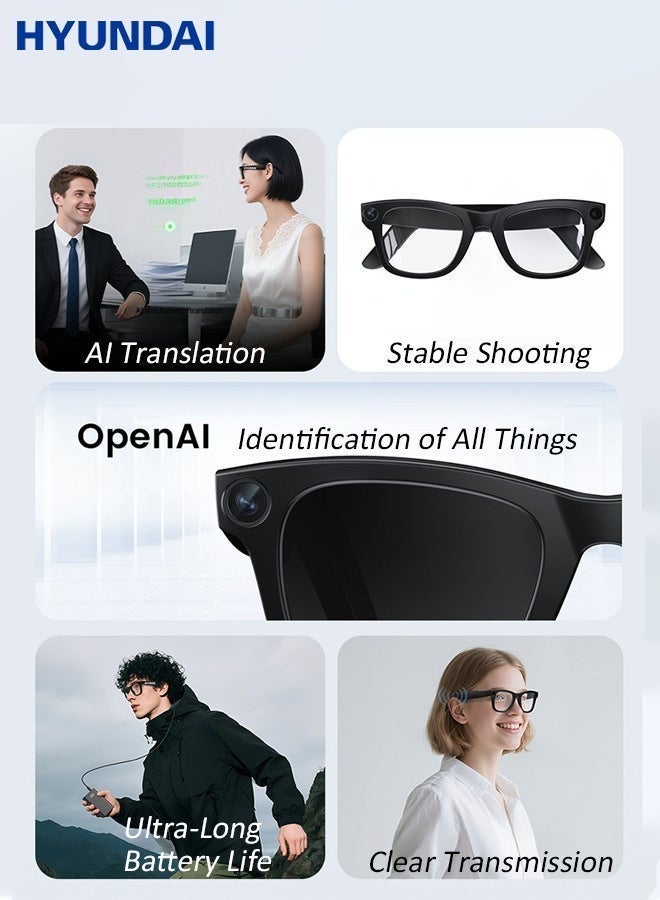 HYUNDAI AI-Powered Smart Glasses Camera Glasses:AI Chat and Assistant, Voice Control, Real-time Translation, Voice Calls | with 1080P Camera, Combined with Anti-shake Function, Suitable for Shooting at Any Time for Sports and Outdoor Scenes (Black) - Image 4