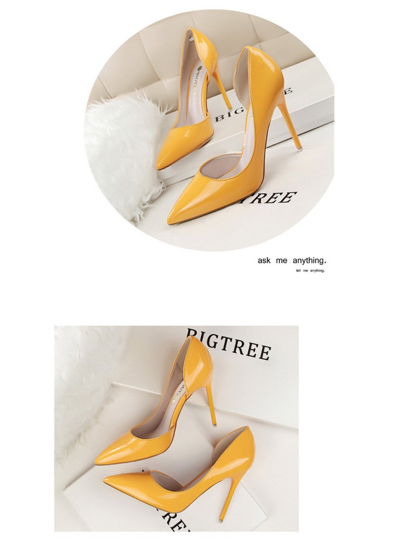 BIGTREE أحذية كعب رقيقة بسيطة من الجلد اللامع ذات الفتحة الضحلة وحواف مدببة باللون الأصفر - Image 2