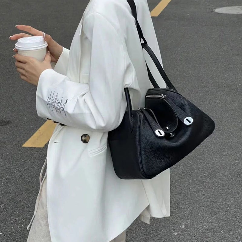 High Fixed Edition Top Layer Cowhide Mini Lindi Bag Genuine Leather Women'S Bag Doctor Bag Advanced Buckle Shoulder Crossbody Bag Small Bag - Image 4