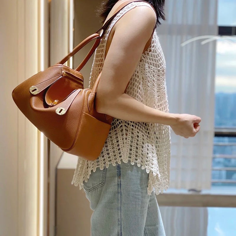 High Fixed Edition Top Layer Cowhide Mini Lindi Bag Genuine Leather Women'S Bag Doctor Bag Advanced Buckle Shoulder Crossbody Bag Small Bag - Image 5