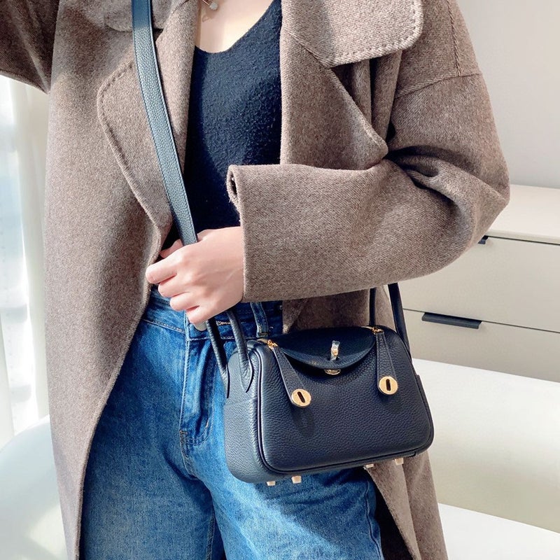 High Fixed Edition Top Layer Cowhide Mini Lindi Bag Genuine Leather Women'S Bag Doctor Bag Advanced Buckle Shoulder Crossbody Bag Small Bag - Image 3