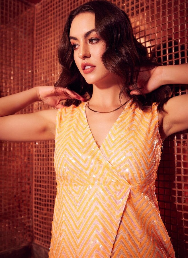 Athena Orange V-Neck Sequined Mini Sheath Dress for Women - Image 2