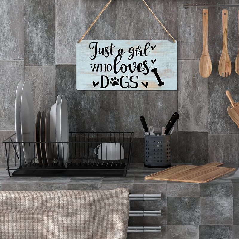 YCYD Funny Just a Girl Who Loves Dogs Wood Sign Rustic Dogs Lovers Wooden Hanging Plaque for Home Living Room Girl Bedroom Wall Art Decoration 6 x 12 Inches Present - Image 4
