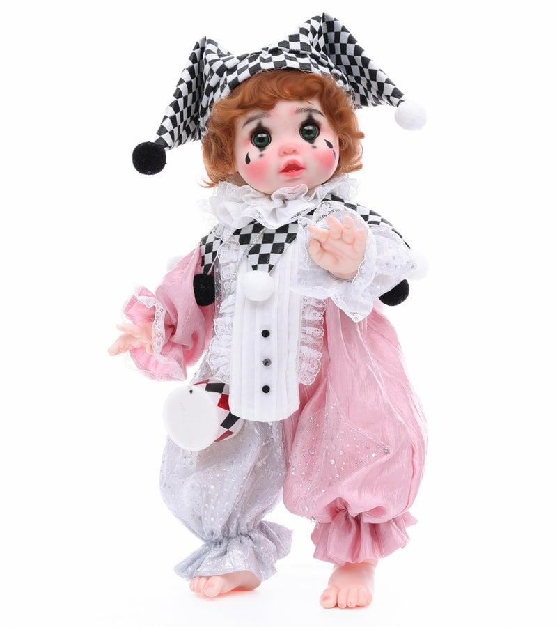 Cloveray Harlequin Clown Reborn Toddler Girl Dolls 18 Inch Baby Doll with Curly Hair Checkered Hat Pink Silver Costume and Mini Drum Baby Dolls for 5 Year Old Girls Parents Collectors - Image 3
