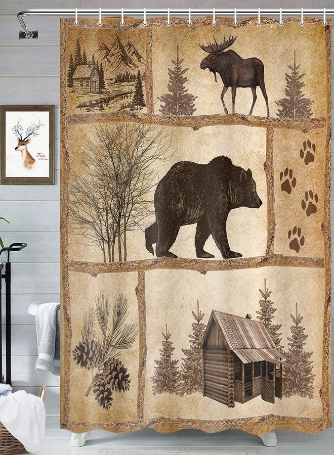Bzhilja Rustic Cabin Shower Curtain Set, Farmhouse Country Antique Bear Moose Forest Vintage Wood Decor Bath Curtain，Hunting Camping Waterproof Fabric Bathroom Accessories Set, 69x70 inch with Hooks - Image 3