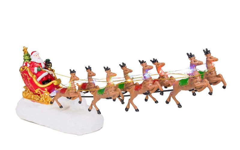 innodept12 عربة سانتا الشتوية مع 8 غزلان في قرية عيد الميلاد ديكور شتوي عربة سانتا مع سلسلة أضواء LED وموسيقى مدفأة ديكور منزلي عيد الميلاد عربة حمراء