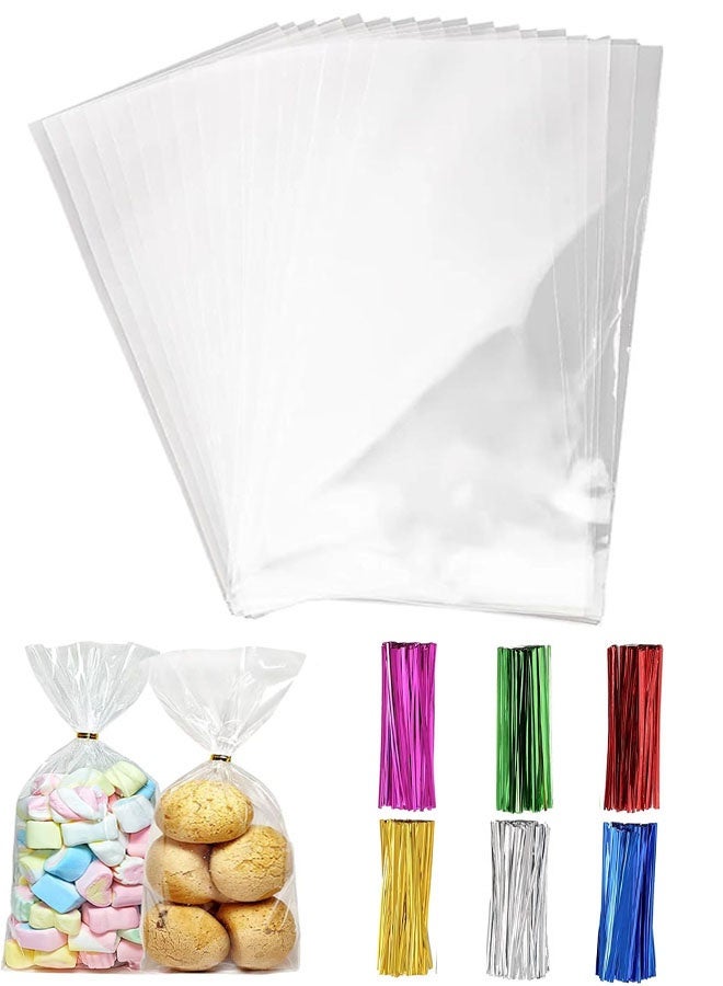Clear Cellophane Bags, 100 Pcs Gift Bag Clear Flat Treat Bags with 100 Twist Ties for Gift Wrapping, Packaging Candies, Dessert, Bakery, Cookies, Chocolate, Party Favors, 5x9 Inches - Image 1