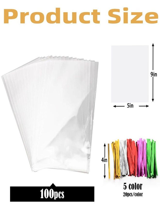 Clear Cellophane Bags, 100 Pcs Gift Bag Clear Flat Treat Bags with 100 Twist Ties for Gift Wrapping, Packaging Candies, Dessert, Bakery, Cookies, Chocolate, Party Favors, 5x9 Inches - Image 2