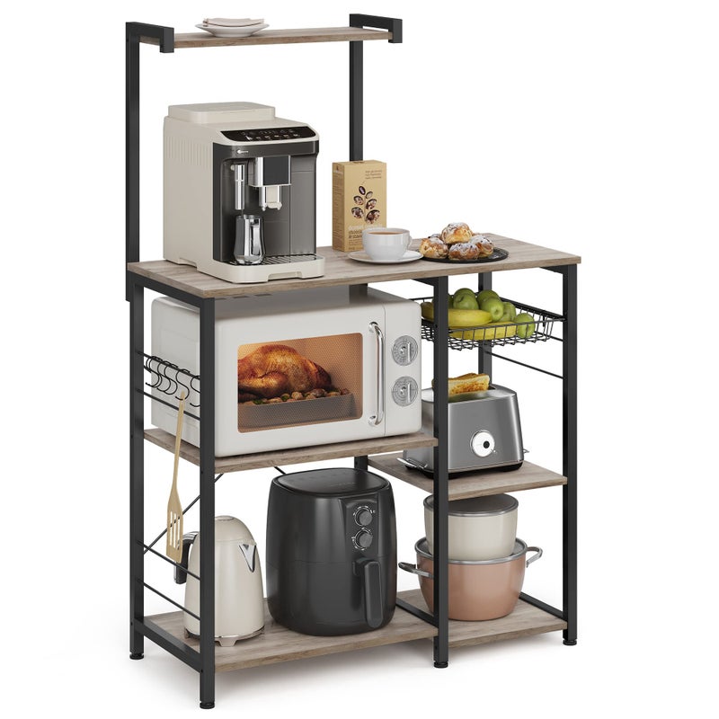 VASAGLE Bakers Rack Microwave Stand Kitchen Storage Rack with Wire Basket 6 Hooks and Shelves for Spices Pots and Pans Heather Greige and Ink Black UKKS035B02