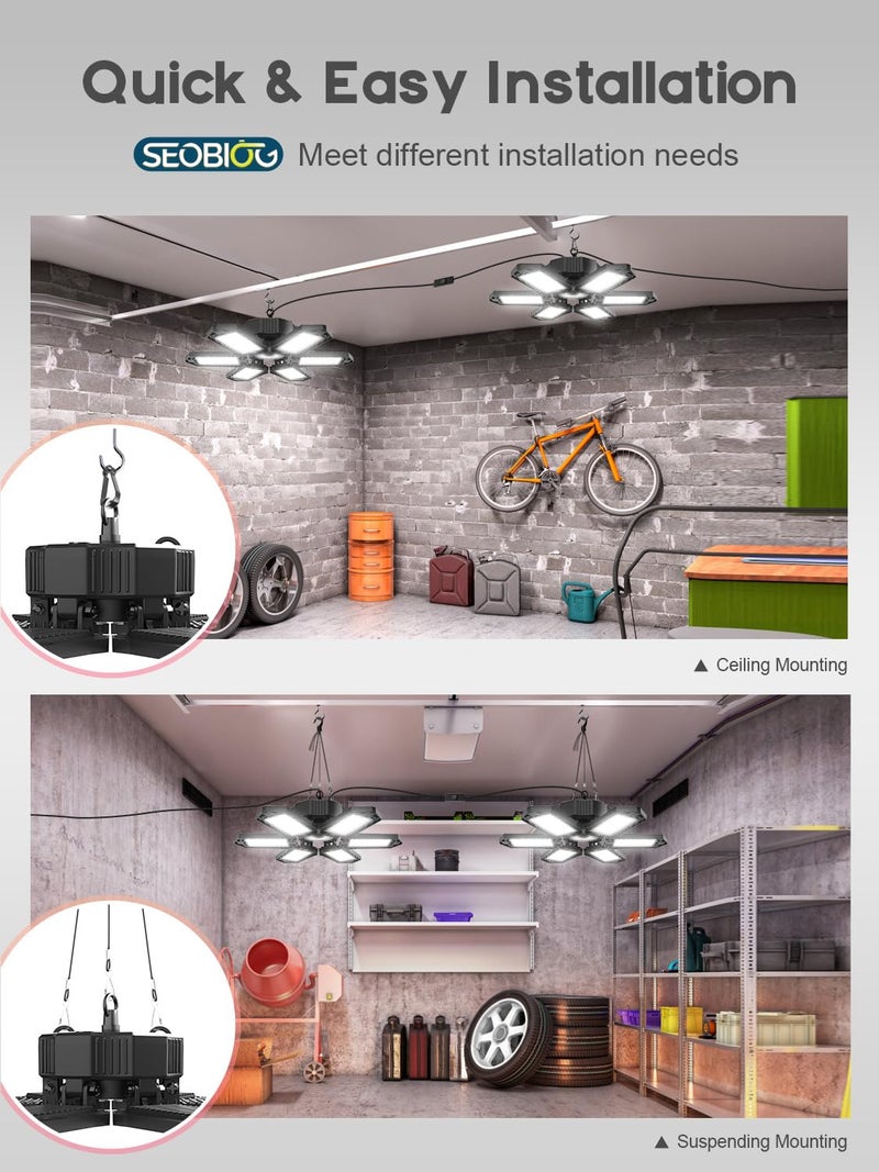 SEOBIOG 2 Pack Plug in Garage Light, Upgraded 200W 20000LM Linkable LED Shop Light, 6500K Ceiling Lights w/ 6 Deformable Panels for Garage, Warehouse, Barn, Basement (Built-in ON/Off Switch) - Image 5