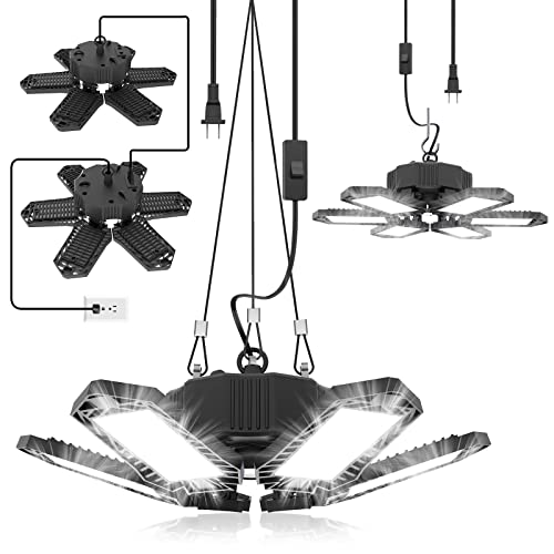 SEOBIOG 2 Pack Plug in Garage Light, Upgraded 200W 20000LM Linkable LED Shop Light, 6500K Ceiling Lights w/ 6 Deformable Panels for Garage, Warehouse, Barn, Basement (Built-in ON/Off Switch) - Image 1