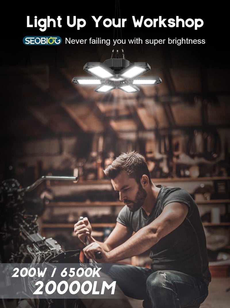 SEOBIOG 2 Pack Plug in Garage Light, Upgraded 200W 20000LM Linkable LED Shop Light, 6500K Ceiling Lights w/ 6 Deformable Panels for Garage, Warehouse, Barn, Basement (Built-in ON/Off Switch) - Image 2