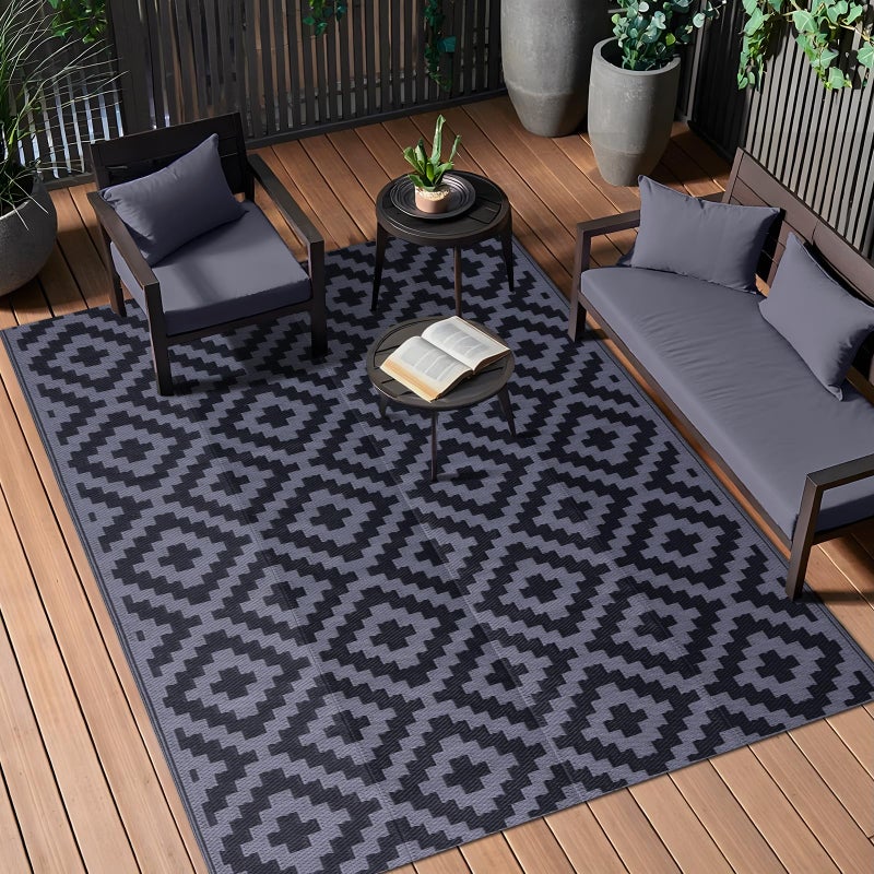 OLANLY Waterproof Outdoor Rug 5x8 ft Outdoor Plastic Straw Rug for Camping RV Mat Outside Indoor Outdoor Carpet for Porch Deck Backyard Balcony Picnic Black Grey