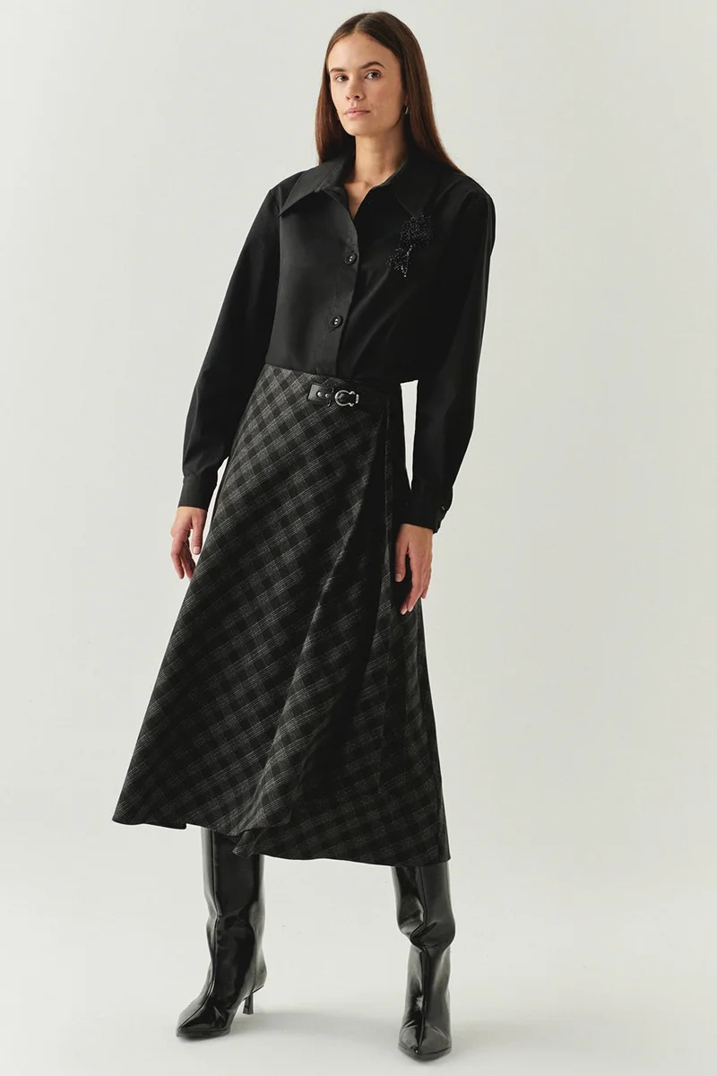 EXQUISE Plaid Patterned Regular Midi Anthracite Skirt