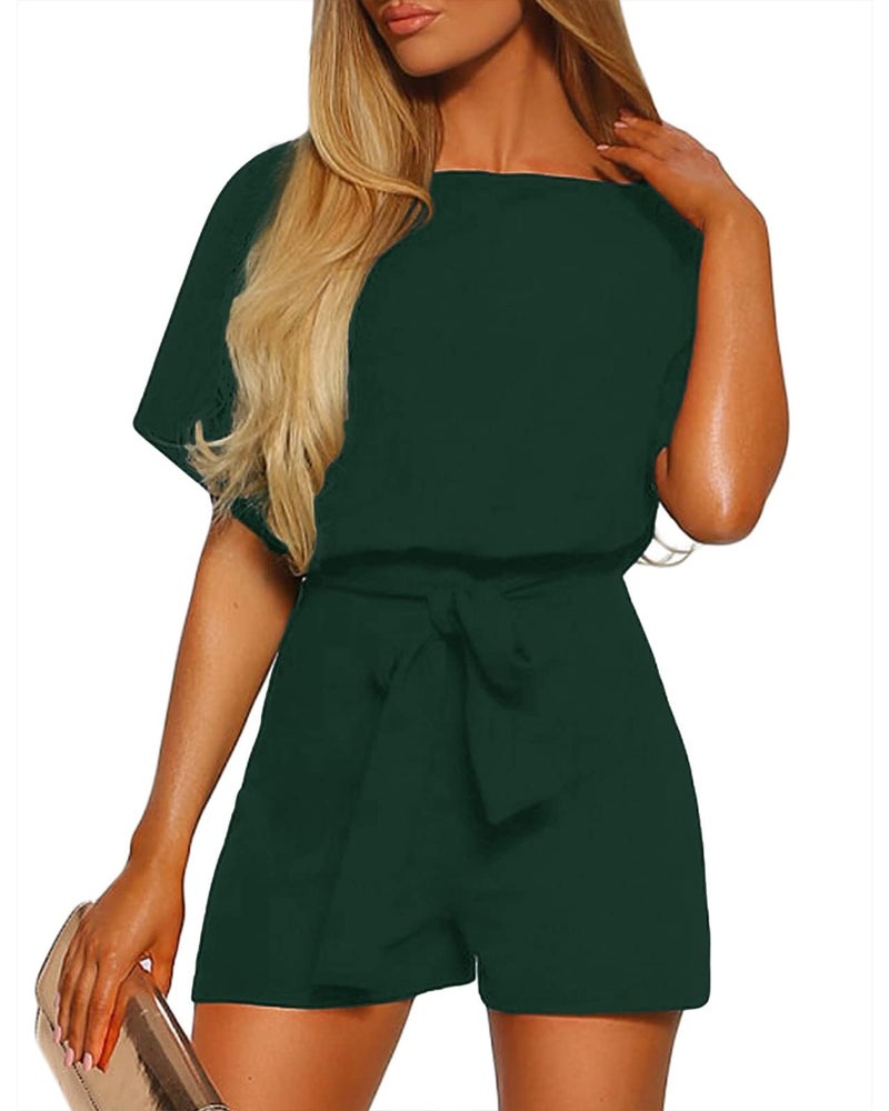 Vetinee Womens Dark Green Summer Casual Belted Romper Keyhole Back Short Sleeve Jumpsuit Playsuit Medium Size 8 Size 10 - Image 1