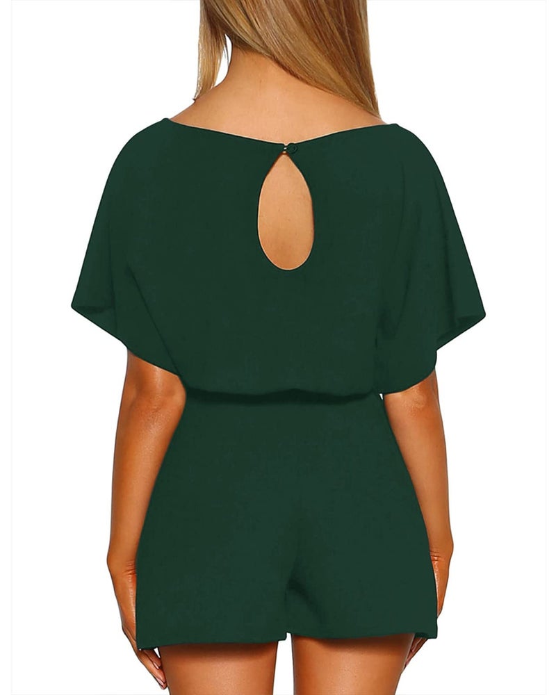 Vetinee Womens Dark Green Summer Casual Belted Romper Keyhole Back Short Sleeve Jumpsuit Playsuit Medium Size 8 Size 10 - Image 2