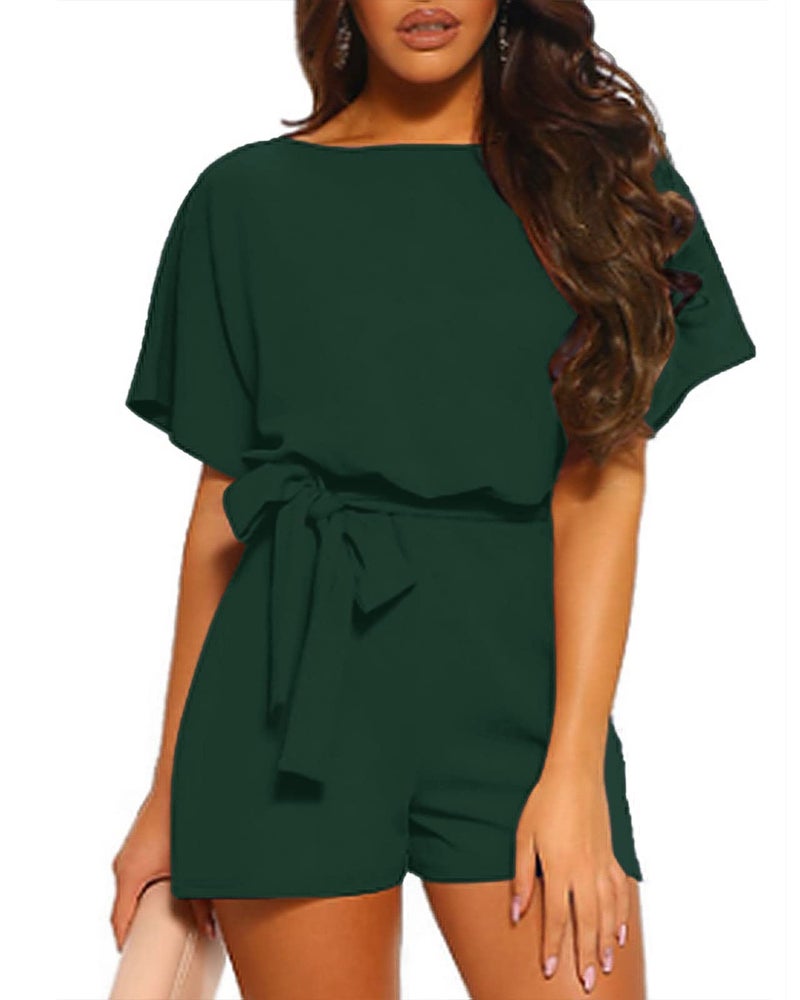 Vetinee Womens Dark Green Summer Casual Belted Romper Keyhole Back Short Sleeve Jumpsuit Playsuit Medium Size 8 Size 10 - Image 4