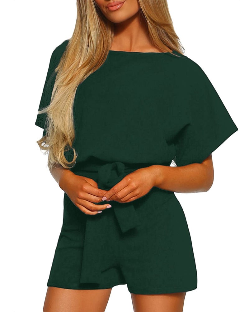 Vetinee Womens Dark Green Summer Casual Belted Romper Keyhole Back Short Sleeve Jumpsuit Playsuit Medium Size 8 Size 10 - Image 3