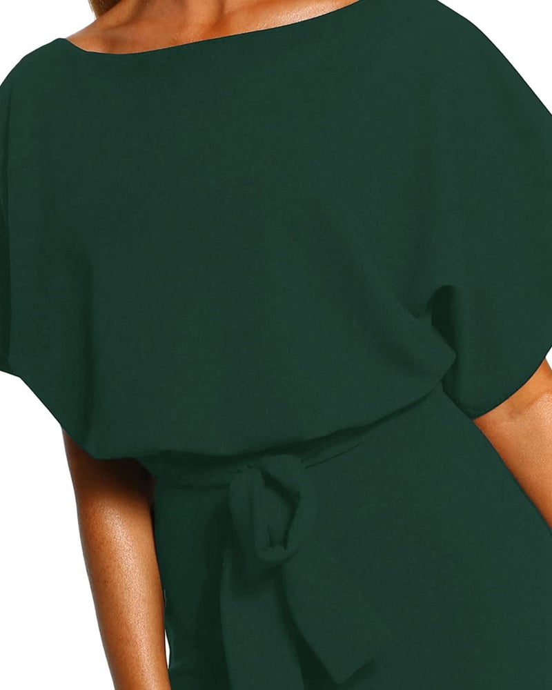 Vetinee Womens Dark Green Summer Casual Belted Romper Keyhole Back Short Sleeve Jumpsuit Playsuit Medium Size 8 Size 10 - Image 5