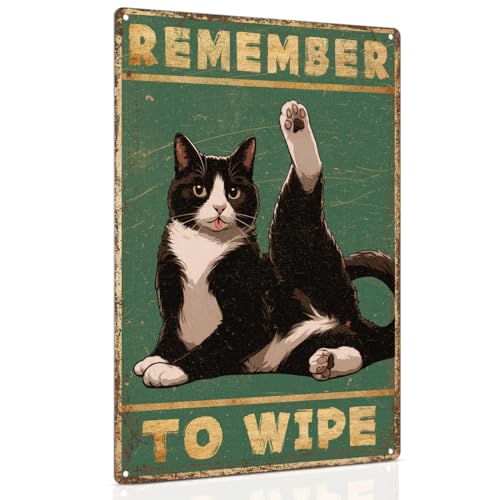 ALKB Bathroom Tuxedo Cat Sign - Remember to Wipe - Cat Lover Gift 8x12 Inch Vintage Metal Sign for Bathroom Decorations - Image 1
