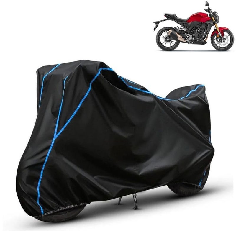 FAVY Water Resistant Bike Cover Compatible with Honda CB300R, Rain, UV, Dust and Scratch Proof, All-Weather Protection Full Body Bike Cover, Black with Blue Piping, Triple Stitched with Elastic Bottom - Image 1