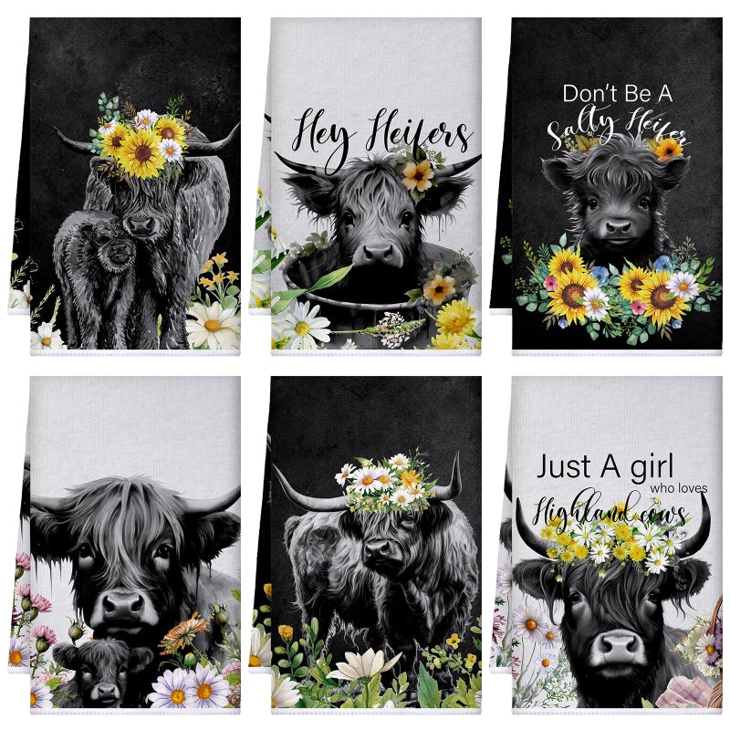 Boyiee Set of 6 Highland Cow Kitchen Towels Hello Heifers Absorbent Tea Dish Towels 24 x 16 Inches Just Who Loves Cow Hand Washcloth Gifts for Farmhouse Kitchen Bathroom Decorations