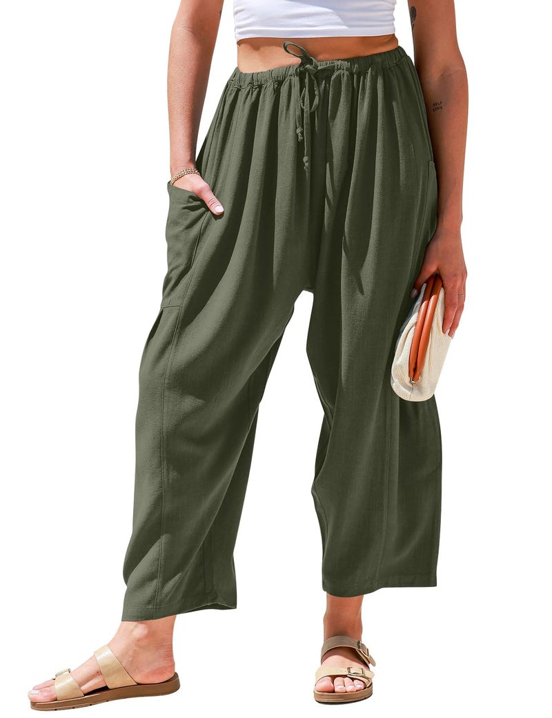 TARSE Womens Linen Wide Leg Pants Casual Loose Drawstring Low Waist Beach Palazzo Harem Pants with Pockets(Green,XS) - Image 1