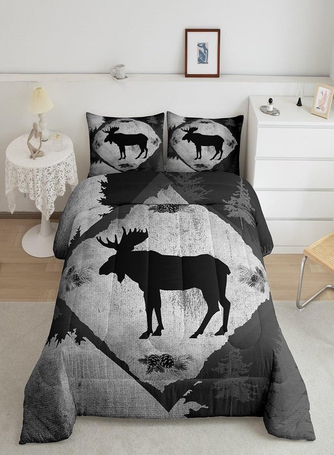 Homewish طقم لحاف لودج كابينة بحجم كامل 3 قطع مع رسم كرتوني لظلال الأيائل البرية للأطفال والمراهقين والبالغين بتصميم رمادي مزخرف بأشجار الغابة بأسلوب ريفي مع 2 غطاء وسادة + 1 لحاف - Image 1