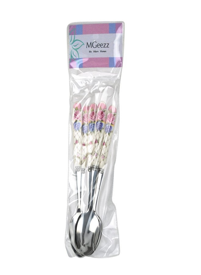 MGeezz Floral Stainless Steel Spoons Set Home & Restaurant Dinner Table Spoon With Ceramic Handle Chamach(12 Small Spoon), 15.5 CM - Image 3