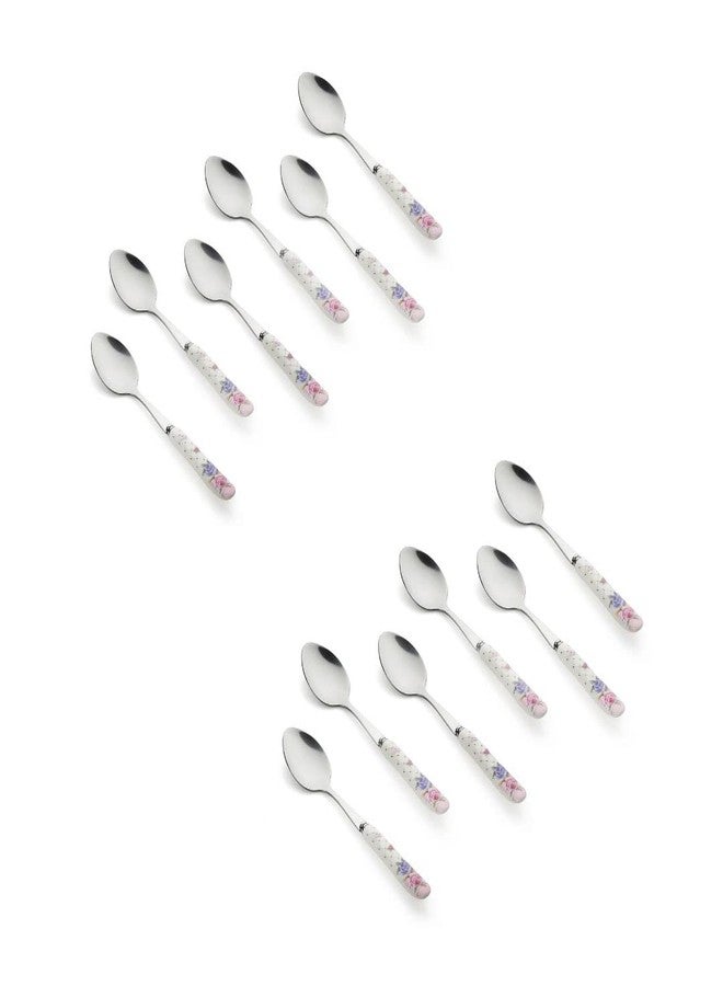MGeezz Floral Stainless Steel Spoons Set Home & Restaurant Dinner Table Spoon With Ceramic Handle Chamach(12 Small Spoon), 15.5 CM - Image 1