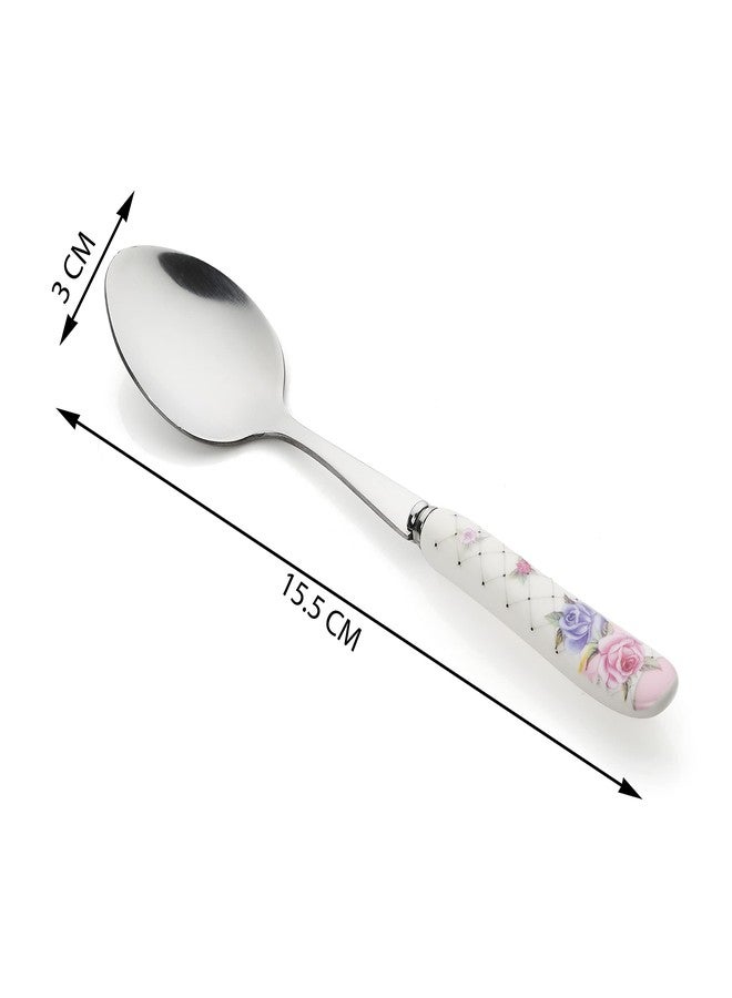 MGeezz Floral Stainless Steel Spoons Set Home & Restaurant Dinner Table Spoon With Ceramic Handle Chamach(12 Small Spoon), 15.5 CM - Image 5