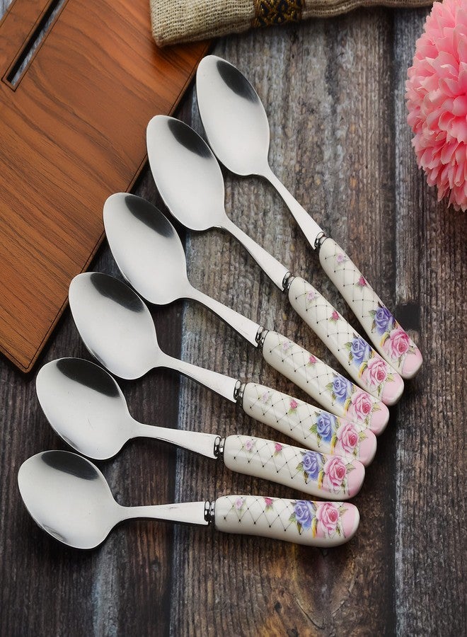 MGeezz Floral Stainless Steel Spoons Set Home & Restaurant Dinner Table Spoon With Ceramic Handle Chamach(12 Small Spoon), 15.5 CM - Image 2