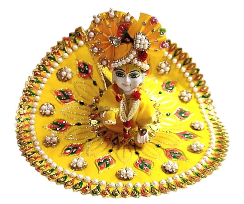 Partish Laddu Gopal Heavy Dresses Size 2 with Pagdi, Mala and Bansuri l Ladoo Gopal Dress l Kanha Ji Dress |Thakur Ji Bal Gopal Poshak Size 0 1 2 4 5 6 (Red & Yellow) - Image 2